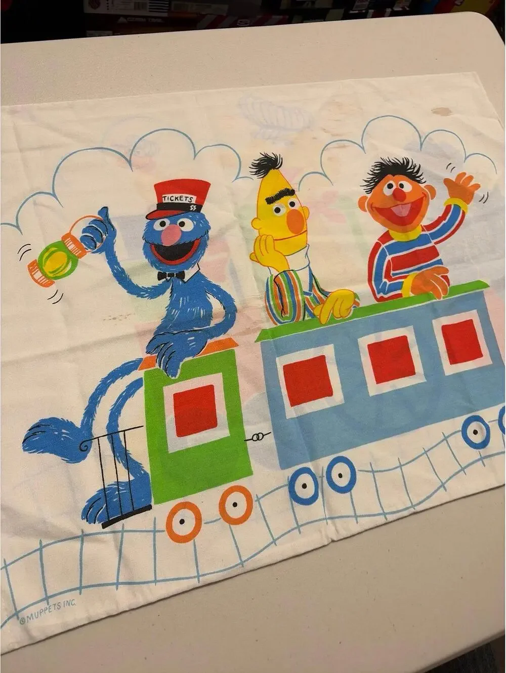 Vintage 80s Sesame Street Big Bird Cookie Monster Bert Ernie Train Pillowcase